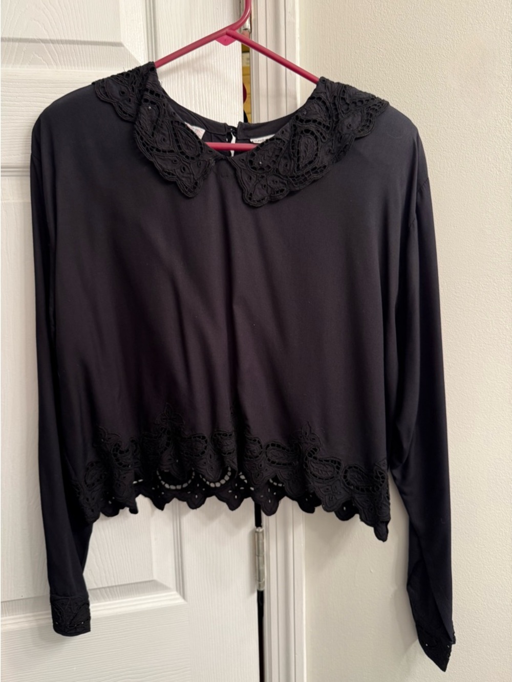 Women's Black Lace-Trim Long Sleeve Blouse